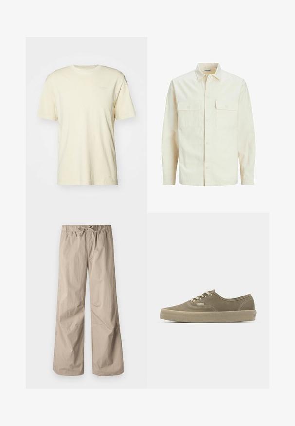 Svetlo bež srajca z dolgimi rokavi, ovratnim izrezom, dvema sprednjima žepoma, zapenjanjem na gumbe in teksturirano tkanino.; Kratkoročanjasta krema majica iz mehkega bombaža, z okroglo ovratnikom in majhnim logotipom natisnjenim v svetli barvi na prsih.; Bež hlače širokega kroja z elastičnim pasom in vrvico. Gladka tekstura, dve stranski žepu in minimalni šivi za sproščen fit.; Bež platneni športni copat z zaobljenim nosom, z vezalkami spredaj in kontrastnim šivanjem. Ima teksturirano gumijasto podplat za dober oprijem.
