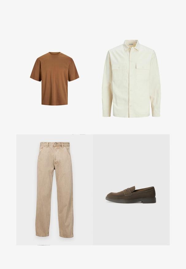 Jasno beżowa koszula z długim rękawem, z kołnierzykiem, dwoma kieszeniami z przodu, zapięciem na guziki i teksturowanym materiałem.; Brązowy t-shirt z krótkim rękawem wykonany z bawełny. Posiada klasyczny okrągły dekolt i luźny krój o gładkiej fakturze, bez widocznych ozdób.; Beżowe dżinsy o prostym kroju, z przednimi kieszeniami, metalowym zapięciem na guzik i delikatną teksturą.; Brązowe zamszowe mokasyny z okrągłym noskiem, paskiem na wierzchu i płaską gumową podeszwą. Prosty design z czystymi liniami i minimalnym wykończeniem.