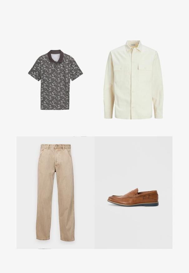 Gai bēšs garām piedurknēm krekls ar apkakles izgriezumu, divām priekšējām kabatām, pogu aizdari un teksturētu audumu.; Pelēka polo krekla ar īsām piedurknēm ar tumšu lapu rakstu un kontrastējošu tumšu apkakli. Mīksta auduma ar teksturētu apdari. Trīs pogu aizdare.; Beige džinsi ar taisnu kāju dizainu, ar priekšējiem kabatām, metāla pogu aizdari un smalku faktūru.; Brūnas ādas loafers ar apaļu purngalu, ar šuvēm un zemu gumijas zoli. Dizainā ir josla pāri augšējai daļai.