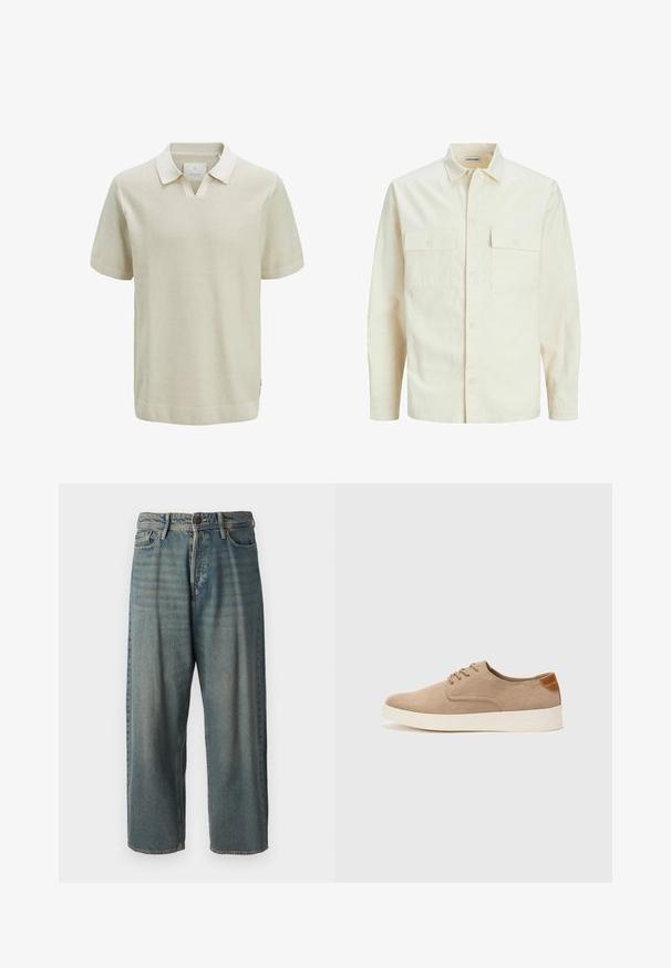 Šviesiai smėlio spalvos ilgomis rankovėmis marškiniai su apykakle, dviem priekinėmis kišenėmis, mygtukų uždarymu ir tekstūruota medžiaga.; Trumpalaikė kreminė polo marškinėlių su tekstūruotu mezginiu, kontrastinga apykakle ir įrengtomis rankovėmis. Yra V formos iškirptė ir šoninės apdailos akcentai.; Šviesiai mėlyni džinsai su laisvu siluetu, vidutinio aukščio juosmeniu ir tiesiomis kojomis. Su penkiais kišenėmis, diržo kilpo ir mygtukų uždarymu.; Bežiniai zomšiniai sportbačiai su apvaliomis pirštų dalimis, raišteliais priekyje ir tekstūruotu užkulniu. Balta guma suteikia kontrastą. Paprastas ir modernus dizainas.