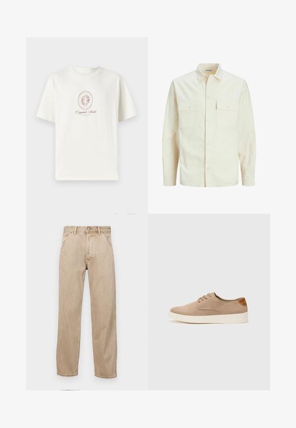 Kergedbež pika-särk pikkade varrukatega, krae ja kahe eespool asuva taskuga, nööpidega kinnitamine ja reljeefne materjal.; Kreemivalge puuvillane T-särk, millel on ümmargune kaelus, lühikesed varrukad ja keskele trükitud kujundus, mis sisaldab ovaali ja pruunis olevat teksti.; Bežidemini teksased sirgjoonise kujundusega, front pocket'itega, metallist nööbi kinnitusega ja peene tekstuuriga.; Beežid nahast tossud ümarate varvastega, paeltega esiosa ja tekstuuriga tagakontuuriga. Valge kummist tallapakkumine loob kontrasti. Lihtne ja kaasaegne disain.