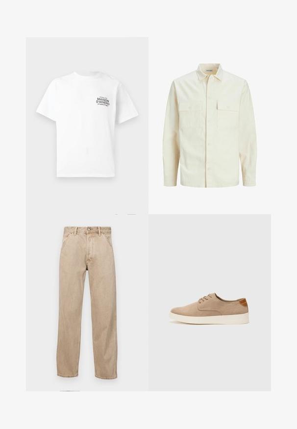 Gai bēšs garām piedurknēm krekls ar apkakles izgriezumu, divām priekšējām kabatām, pogu aizdari un teksturētu audumu.; Balta T-krekla ar īsām piedurknēm ar melniem vārdiem "MAISON D'HIVER" un nelielu druku kreisajā krūšu daļā.; Beige džinsi ar taisnu kāju dizainu, ar priekšējiem kabatām, metāla pogu aizdari un smalku faktūru.; Beige zamšādas kedas ar noapaļotu purngala daļu, auklēm saplacinātu priekšpusi un teksturētu aizmugures akcentu. Balta gumijas zole nodrošina kontrastu. Vienkāršs un mūsdienīgs dizains.