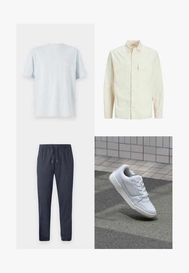 Šviesiai smėlio spalvos ilgomis rankovėmis marškiniai su apykakle, dviem priekinėmis kišenėmis, mygtukų uždarymu ir tekstūruota medžiaga.; Šviesiai mėlyna medvilninė marškinė su apvaliu iškirpimu ir trumpomis rankovėmis. Yra mažas baltas logotipas kairėje krūtinės pusėje. Lygi tekstūra.; Tamsiai mėlynos tapered tipo džinsinio audinio kelnės su elastingu juosmeniu, raišteliu ir elastinėmis rankovėmis, pasižyminčios lygiu, lengvu audiniu.; Baltos odinės sportinės bateliai su perforuotais šonais, tekstūruotais akcentais, plokščiomis raištelėmis ir kontrastingu pilku kulnu. Yra šiek tiek pakelti padas.