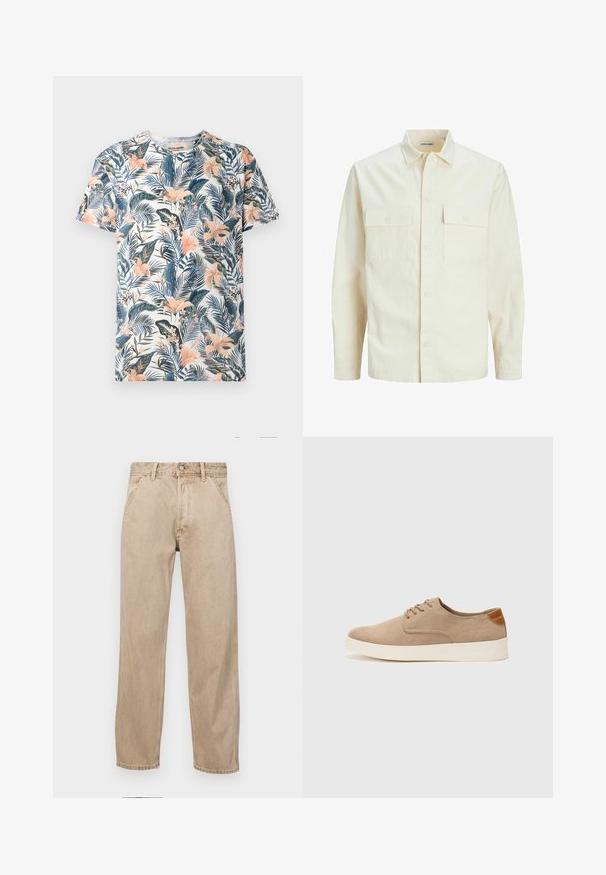 Vaaleanbeige pitkähihaisen paidan, jossa on kaulukset, kaksi etutaskua, nappikiinnitys ja tekstiilissä on tekstuuria.; T-paita lyhyillä hihoilla, joka on valmistettu kankaasta, jossa on trooppinen kukkakuosi vihreän, vaaleanpunaisen ja sinisen sävyissä valkoisella taustalla.; Beige farkkuhousut suoranlahkeisella muotoilulla, joissa on etutaskut, metallinen nappisulku ja hillitty rakenne.; Beige nubuck-lenkkarit, joissa on pyöreä kärki, nauhakiinnitys ja teksturoitu takaosa. Valkoinen kumipohja tuo kontrastia. Yksinkertainen ja moderni muotoilu.