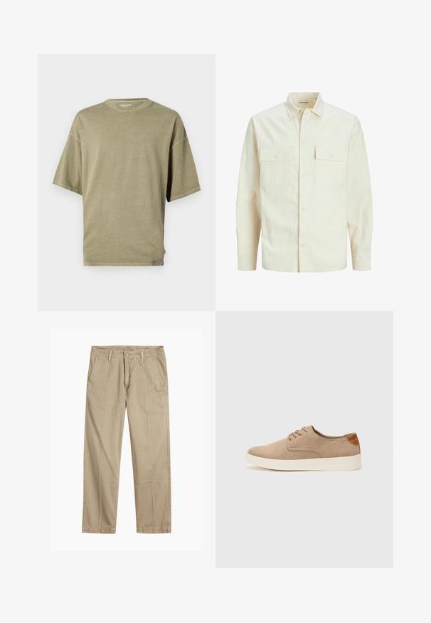 Světle béžová košile s dlouhým rukávem, límečkem, dvěma předními kapsami, zapínáním na knoflíky a strukturovanou tkaninou.; Olivově zelené tričko s krátkým rukávem vyrobené z měkké látky, s kulatým výstřihem a uvolněným střihem s prošívanými lemy.; Beige rovné chino kalhoty s poutky na opasek, zapínáním na přední knoflík a zip, a šikmými předními kapsami.; Béžové semišové tenisky s kulatou špičkou, šněrováním vpředu a texturovaným zadním akcentem. Bílá gumová podrážka poskytuje kontrast. Jednoduchý a moderní design.