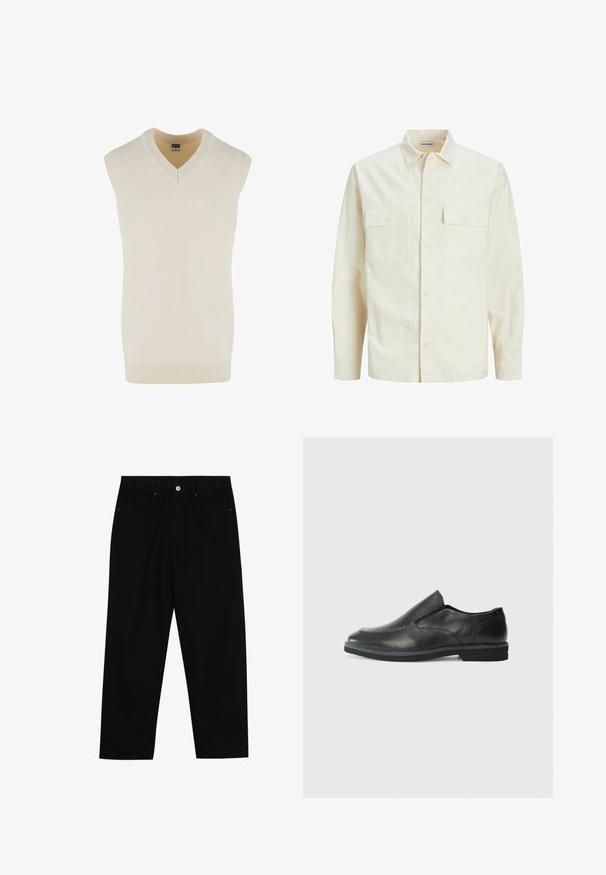 Kergedbež pika-särk pikkade varrukatega, krae ja kahe eespool asuva taskuga, nööpidega kinnitamine ja reljeefne materjal.; Varrukateta kreem V-kaelusega sviiter, mis on valmistatud pehmest kudumisest. Omab soonikkoes kaelust ja allääret ning sirget lõike disaini.; Mustadest denimist püksid, millel on sirge jalg, viie tasku disain ja eesnupuga sulgur. Sile tekstuur koos minimaalsete õmblustega.; Must musta laia suuga king, millel on sile ülemine osa, õmmeldud detailid, ümmargune nina ja madal kummist konts. Tallal on minimaalne mustr.