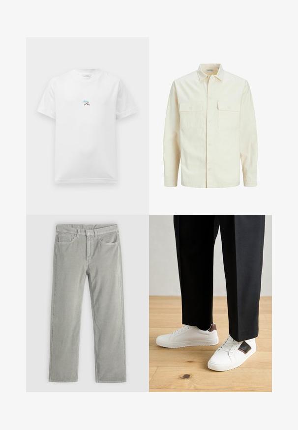 Svijetlo bež košulja dugih rukava s ovratnikom, dva prednja džepa, zatvaranje na dugmad i teksturirani materijal.; Bijela majica kratkih rukava s malim šarenim vezom križnih štapova i plavim pisanjem u središtu prsnog dijela.; Svijetlosivi uski čuveni mods hlače od kordura s prednjim dugmetom, patentnim zatvaračem, petljama za remen i dizajnom s pet džepova na jednobojnoj pozadini.; Bijele tenisice s glatkom teksturom, s smešnim kožnim detaljima i crnim naglascima, u kombinaciji s crnim krojenim hlačama. Pozadina od drvenog poda.