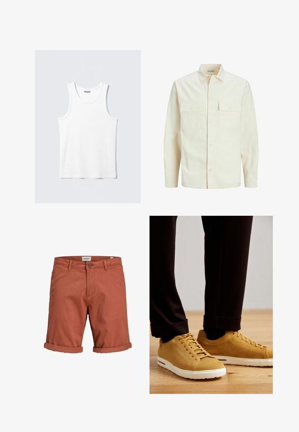 Kergedbež pika-särk pikkade varrukatega, krae ja kahe eespool asuva taskuga, nööpidega kinnitamine ja reljeefne materjal.; Valge tank top ümarate kaeluste ja laiate rihmadega. Valmistatud siledast ja kergest kangast, millel on minimalistlik disain ilma mustriteta.; Pruunist puuvillast lühikesed püksid, millel on üleskeeratud ääred, nööbi sulgemine ja vöökohad. Sile tekstuur ja täpselt sobiv disain.; Kollaste ribadega spordijalatsid valgete taldadega, ümarate varvastega, lipsudega disain ja tekstureeritud pind, kantud mustade kääritud pükstega puidust põrandal.