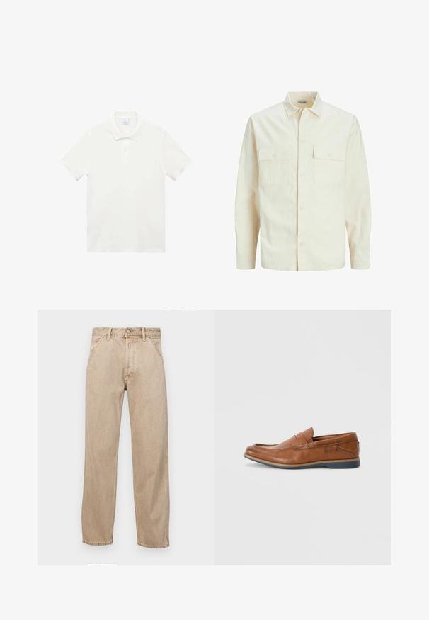 Svetlo béžová košeľa s dlhým rukávom, s golierom, dvoma prednými vreckami, zapínaním na gombíky a textúrovanou látkou.; Biely polo tričko vyrobené z hladkej bavlnenej tkaniny, s klasickým golierom, trojpraktickým zapínaním a krátkymi rukávmi. Bez vzorov alebo akcentov.; Bežové denimové rifle so strihom rovného nohu, s prednými vreckami, kovovým zapínaním na gombík a jemnou textúrou.; Hnedé kožené poltopánky s okrúhlou špičkou, prešité akcenty a nízkou gumovou podrážkou. Dizajn obsahuje pásku cez hornú časť.