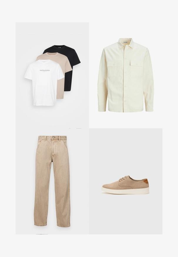 Camisa de manga larga color beige claro con cuello, dos bolsillos frontales, cierre de botones y una tela texturizada.; Tres camisetas apiladas: blanca con logo, beige y negra. Hechas de algodón, con cuello redondo, mangas cortas y un corte clásico.; Jeans de mezclilla beige con un diseño de pierna recta, que cuentan con bolsillos frontales, cierre de botón de metal y una textura sutil.; Zapatillas de ante beige con puntera redondeada, cordones en la parte delantera y un acento texturizado en la parte trasera. La suela de goma blanca proporciona contraste. Diseño sencillo y moderno.