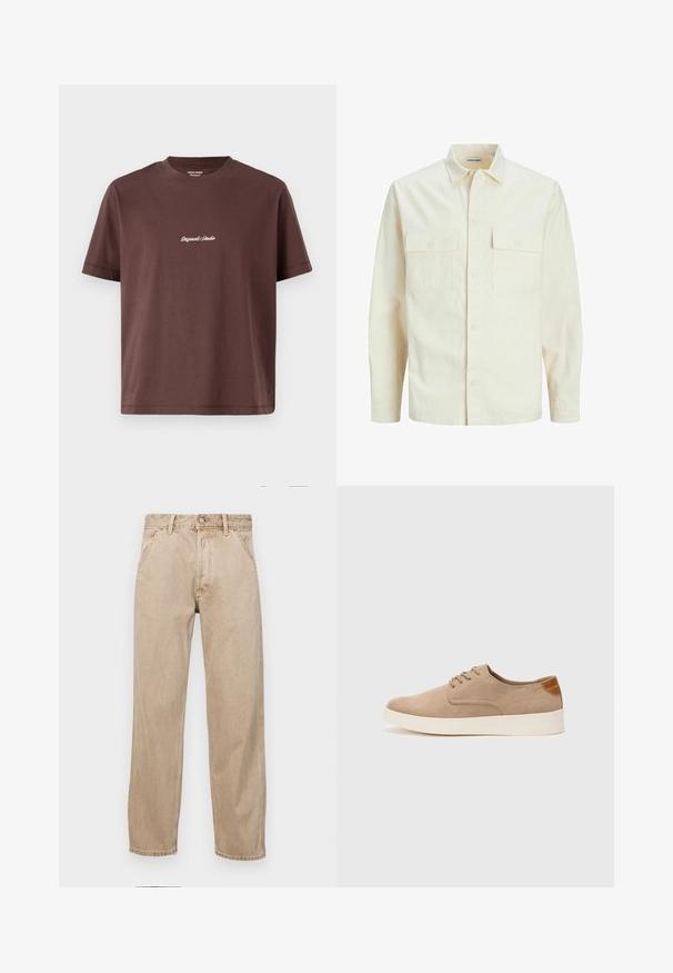 Šviesiai smėlio spalvos ilgomis rankovėmis marškiniai su apykakle, dviem priekinėmis kišenėmis, mygtukų uždarymu ir tekstūruota medžiaga.; Ruda medvilnės marškinėliai su apvalia iškirpte. Savybės: trumpomis rankovėmis ir centriniu balta siuvinėtu užrašu "Original Studio".; Smėlio spalvos džinsai su tiesia kojų siluetu, turintys priekinę kišenę, metalinį mygtuką ir subtilią tekstūrą.; Bežiniai zomšiniai sportbačiai su apvaliomis pirštų dalimis, raišteliais priekyje ir tekstūruotu užkulniu. Balta guma suteikia kontrastą. Paprastas ir modernus dizainas.