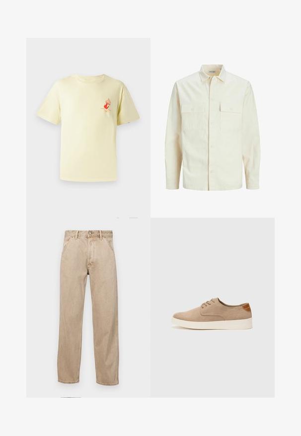 Kergedbež pika-särk pikkade varrukatega, krae ja kahe eespool asuva taskuga, nööpidega kinnitamine ja reljeefne materjal.; Hele kollane puuvillane t-särk, ringkaeluse ja lühikeste varrukatega; vasakul rinnal on punane graafika jäätise topsist.; Bežidemini teksased sirgjoonise kujundusega, front pocket'itega, metallist nööbi kinnitusega ja peene tekstuuriga.; Beežid nahast tossud ümarate varvastega, paeltega esiosa ja tekstuuriga tagakontuuriga. Valge kummist tallapakkumine loob kontrasti. Lihtne ja kaasaegne disain.