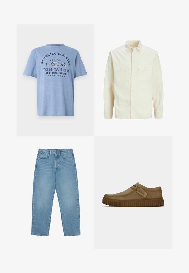 Camicia beige chiaro a maniche lunghe con colletto, due tasche frontali, chiusura a bottoni e un tessuto texturizzato.; T-shirt azzurro chiaro a maniche corte realizzato in materiale morbido. Presenta una grafica testuale nera con la scritta "AUTHENTIC CLASSICS" e il nome del marchio. Design semplice.; Jeans a gamba larga in denim azzurro chiaro con vita alta, dotati di cinque tasche, passanti per cintura e una consistenza morbida e leggermente sbiadita.; Scarpe in suede marrone chiaro con punta arrotondata, dettagli cuciti e suola in gomma marrone a righe. Presentano un'etichetta laterale con il logo "Clarks".