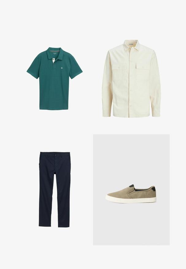 Világos bézs színű, hosszú ujjú ing, galléros nyakkal, két elülső zsebbel, gombos záródással és struktúrált anyaggal.; Teal színű póló, lélegző anyagból készült, háromgombos kivágással, rövid ujjal és diszkrét logóval a mellrészen.; Sötétkék, könnyű nadrág sima textúrával, egyenes szárú dizájnnal, gombos záródással és oldalsó zsebekkel.; Taupe slip-on cipők texturált szövet felsőrésszel, kontrasztos fekete sarokkal és fehér gumitalppal. Perforált dizájn a lélegzőképesség érdekében.