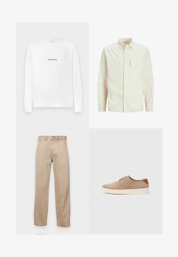 Világos bézs színű, hosszú ujjú ing, galléros nyakkal, két elülső zsebbel, gombos záródással és struktúrált anyaggal.; Fehér, hosszú ujjú póló, középen a mellrészen egy kis fekete írásos logóval, amely "Originals Studio" feliratot tartalmaz.; Beige színű farmernadrág egyenes fazonnal, elülső zsebekkel, fém gombos záródással és diszkrét textúrával.; Beige velúr sportcipő, kerek orral, fűzős elülső résszel és textúrált hátsó részlettel. Fehér gumitalp kontrasztot ad. Egyszerű és modern design.