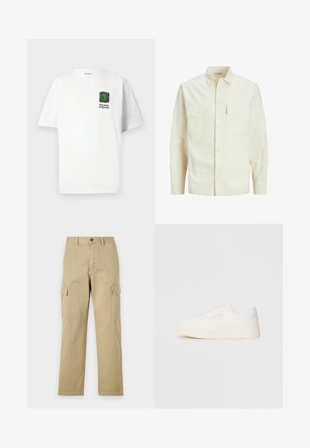 Camisa de manga larga color beige claro con cuello, dos bolsillos frontales, cierre de botones y una tela texturizada.; Camiseta de algodón blanca con mangas cortas. Presenta un pequeño gráfico verde y texto en negro en el área del pecho izquierdo. Diseño clásico de cuello redondo.; Pantalones cargo beige de algodón, con dos bolsillos laterales, cierre de botón y perneras rectas con una tela ligeramente texturizada.; Zapatillas blancas tipo slip-on con una superficie texturizada, suela gruesa y diseño minimalista. Presenta el logo de la marca en un lado.