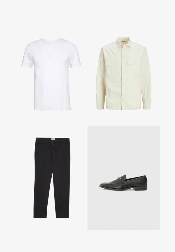 Világos bézs színű, hosszú ujjú ing, galléros nyakkal, két elülső zsebbel, gombos záródással és struktúrált anyaggal.; Fehér, rövid ujjú póló puha pamutból, kerek nyakkal, sima kivitelben és egyenes szabással, alkalmas mindennapi viseletre.; Fekete pamut nadrág, slim fit fazonban, két oldalsó zsebbel és elülső gombos zárással. Textúrált anyag finom részletekkel.; Fekete bőr loaferek sima felülettel, varrott mintával és díszítő fém lánccal a cipő elején. Lapos sarok.