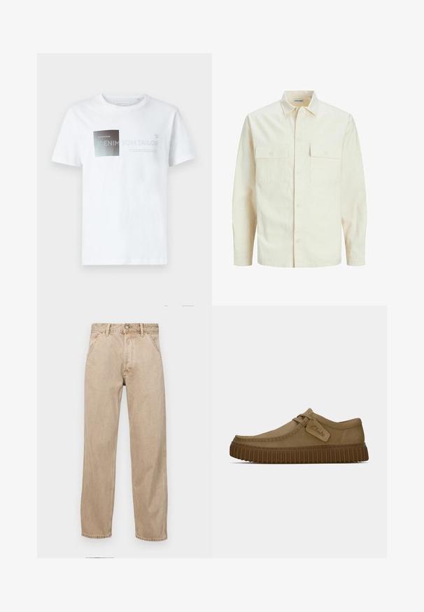 Šviesiai smėlio spalvos ilgomis rankovėmis marškiniai su apykakle, dviem priekinėmis kišenėmis, mygtukų uždarymu ir tekstūruota medžiaga.; Balta medvilnės marškinėliai trumpomis rankovėmis su juoda ir pilka grafika bei tekstu. Apvalus kaklo iškirpimas, laisvas siluetas, glotni tekstūra.; Smėlio spalvos džinsai su tiesia kojų siluetu, turintys priekinę kišenę, metalinį mygtuką ir subtilią tekstūrą.; Šviesiai rudos zomšinės bateliai su apvaliu pirštu, siuvinėjimo detalėmis ir raguota ruda guma. Su šonine etikete su "Clarks" logotipu.