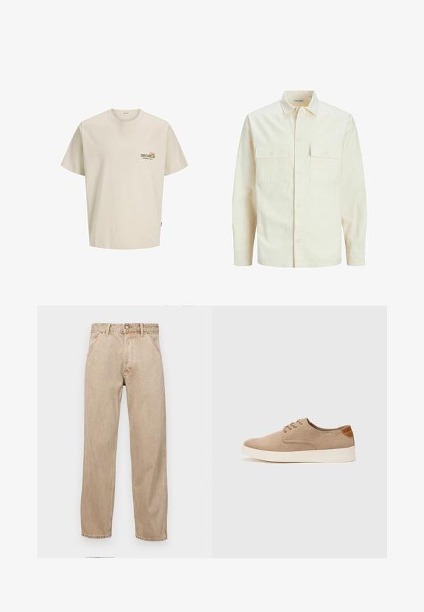 Svetlo béžová košeľa s dlhým rukávom, s golierom, dvoma prednými vreckami, zapínaním na gombíky a textúrovanou látkou.; Svetlo béžové bavlnené tričko s krátkymi rukávmi, okrúhlym výstrihom a potlačeným logom, ktoré na hrudi hovorí "ORIGINALS ESTABLISHED IN 1900".; Bežové denimové rifle so strihom rovného nohu, s prednými vreckami, kovovým zapínaním na gombík a jemnou textúrou.; Béžové semišové tenisky s okrúhlou špičkou, šnurovaním vpredu a textúrovaným zadným akcentom. Biela gumová podrážka poskytuje kontrast. Jednoduchý a moderný dizajn.