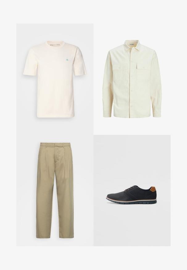 Šviesiai smėlio spalvos ilgomis rankovėmis marškiniai su apykakle, dviem priekinėmis kišenėmis, mygtukų uždarymu ir tekstūruota medžiaga.; Kreminės spalvos medvilninė marškinė su trumpomis rankovėmis, apvaliu kaklu ir mažu mėlynu emblemu kairėje krūtinės pusėje. Minkšta tekstūra ir laisvas pjūvis.; Šviesiai rudos, aukšto liemens kelnes su tiesia kirpimu, su plokščiu priekiniu paviršiumi, šoninėmis kišenėmis ir lygiu, tekstūruotu audiniu.; Juodi sintetiniai batai su tekstūruotu paviršiumi, lygiomis detalėmis, ruda kulna ir kontrastingu padu. Yra minimalus raištelių užsidėjimas ir siuvimo detalės.