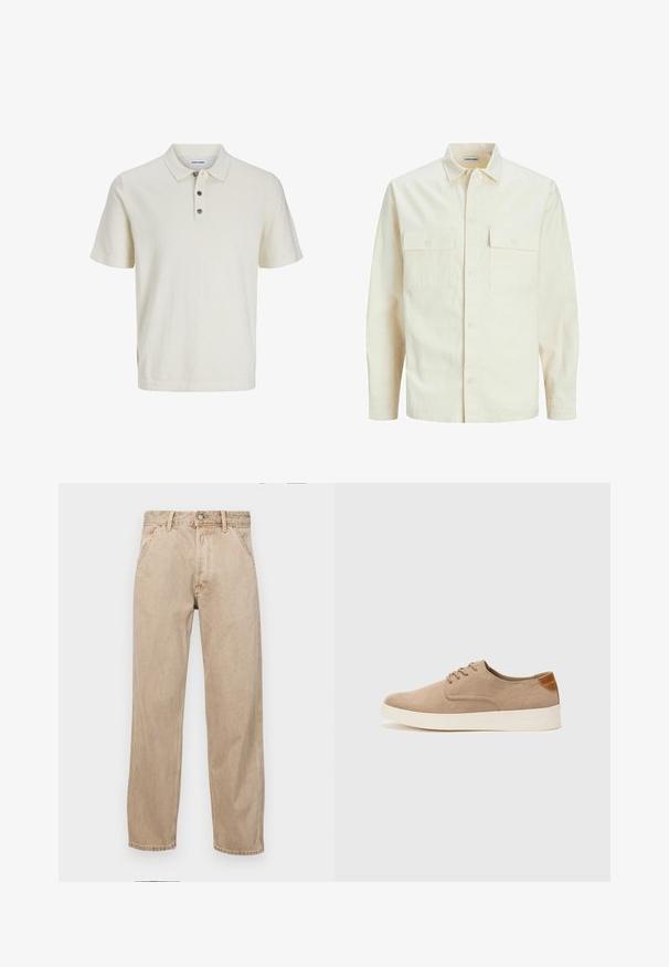 Lys beige langærmet skjorte med krave, to forlommer, knaplukning og et tekstureret stof.; Hvid kortærmet polo skjorte lavet af blød, tekstureret stof med en krave og tre mørke knapper ved knaplisten.; Beige denimjeans med lige bendesign, med forlommer, metalknaplukning og subtil struktur.; Beige ruskinds sneakers med rund tå, snørebånd foran og en struktureret rygdetalje. Hvid gummisål giver kontrast. Enkel og moderne design.