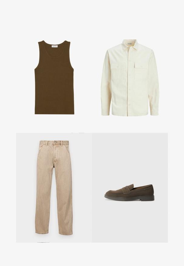 Kergedbež pika-särk pikkade varrukatega, krae ja kahe eespool asuva taskuga, nööpidega kinnitamine ja reljeefne materjal.; Ribade korsett tumes roheline, esindades ümmargust kaelust ja varrukateta disaini, lõpetatud servadega ja pehme tekstuuriga.; Bežidemini teksased sirgjoonise kujundusega, front pocket'itega, metallist nööbi kinnitusega ja peene tekstuuriga.; Pruunist sametist mokassiini ümarate varvastega, rihmaga vampi üle ja lame kummist tald. Lihtne disain puhta joontega ja minimaalsete detailidega.