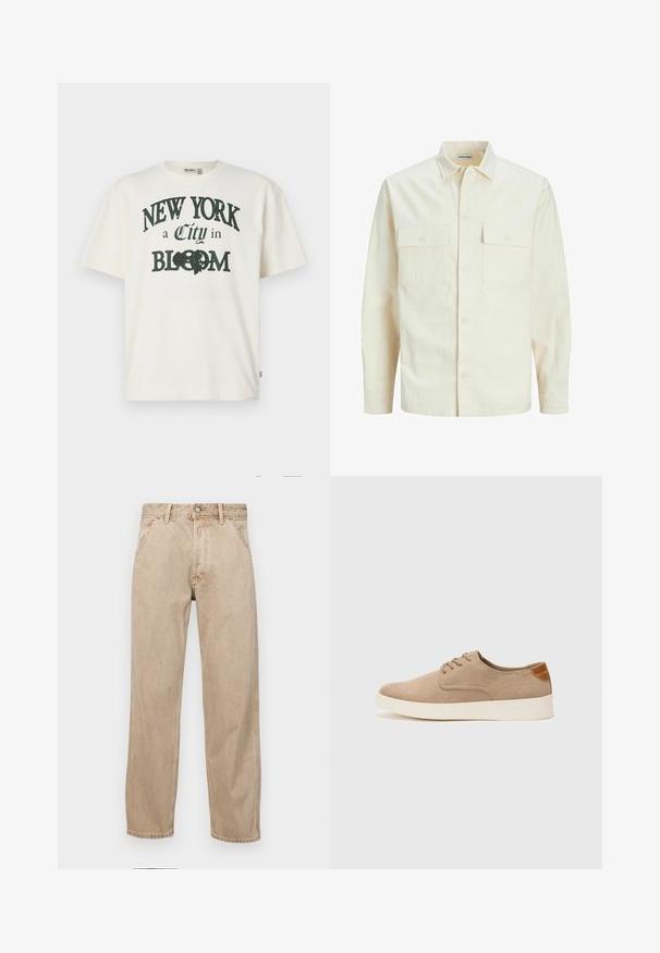 Hellbeige Langarmhemd mit klassischem Kragen, zwei Fronttaschen, Knopfverschluss und strukturiertem Stoff.; Krämfarbendes Baumwoll-T-Shirt mit kurzen Ärmeln, das ein gedrucktes Design mit der Aufschrift "NEW YORK eine Stadt im BLÜHEN" in dunkelgrün zeigt.; Beige Denim-Jeans mit geradem Beinschnitt, ausgestattet mit Vordertaschen, einem Metallknopfverschluss und feiner Textur.; Beige Wildleder-Sneaker mit runder Zehenpartie, Schnürung und strukturiertem Rückenteil. Die weiße Gummisohle sorgt für einen Kontrast. Einfaches und modernes Design.