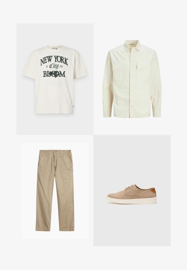 Light beige long-sleeve shirt with a collared neckline, two front pockets, button closure, and a textured fabric.; Cream-colored cotton t-shirt with short sleeves, featuring a printed design saying "NEW YORK a City in BLOOM" in dark green.; Beige straight-leg chinos with belt loops, front button and zipper closure, and slant front pockets.; Beige suede sneakers with a rounded toe, lace-up front, and a textured back accent. White rubber sole provides contrast. Simple and modern design.