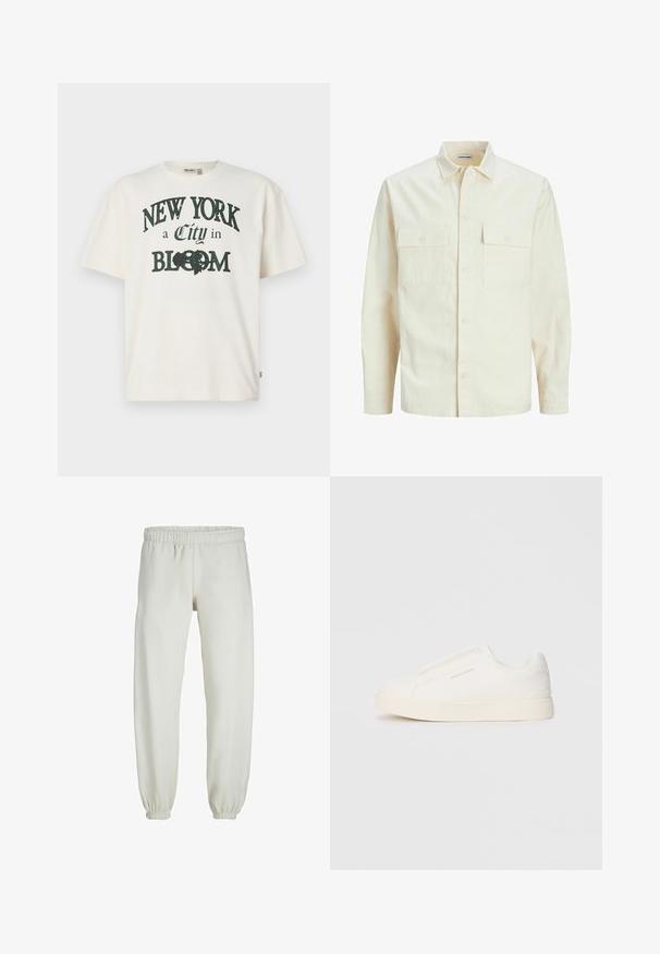 Cămașă lungă cu mâneci lungi de culoare bej deschis, cu guler, două buzunare frontale, închidere cu butoane și un material texturat.; Tricou din bumbac de culoare crem, cu mâneci scurte, având un design imprimat care spune "NEW YORK, un Oraș în FLORĂ" în verde închis.; Pantaloni de trening albi, realizati dintr-un textile moale, avand talie elastica si mansete, cu o textura fina si un design lejer.; Tenisi albi slip-on cu o suprafață texturată, talpă groasă și un design minimalist. Prezintă logo-ul brandului pe lateral.