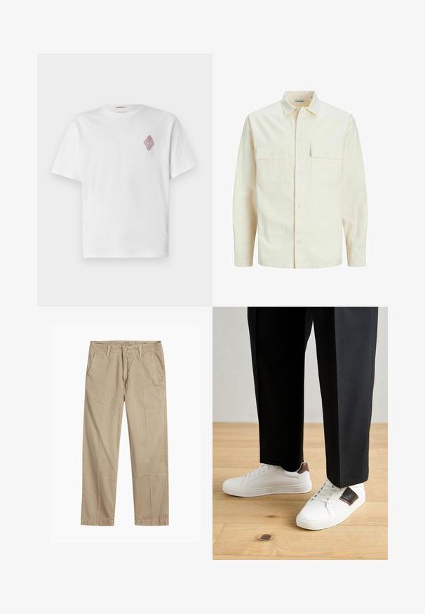 Camisa de manga larga color beige claro con cuello, dos bolsillos frontales, cierre de botones y una tela texturizada.; Camiseta de algodón blanca de manga corta, con un diseño de diamante bordado en rojo en el área del pecho izquierdo. Cuello redondo clásico.; Chinos beige de pierna recta con trabillas para cinturón, cierre de botón y cremallera en la parte delantera, y bolsillos delanteros inclinados.; Zapatillas blancas con textura suave, con acentos de cuero marrón y detalles en negro, combinadas con pantalones negros ajustados. Fondo de suelo de madera.