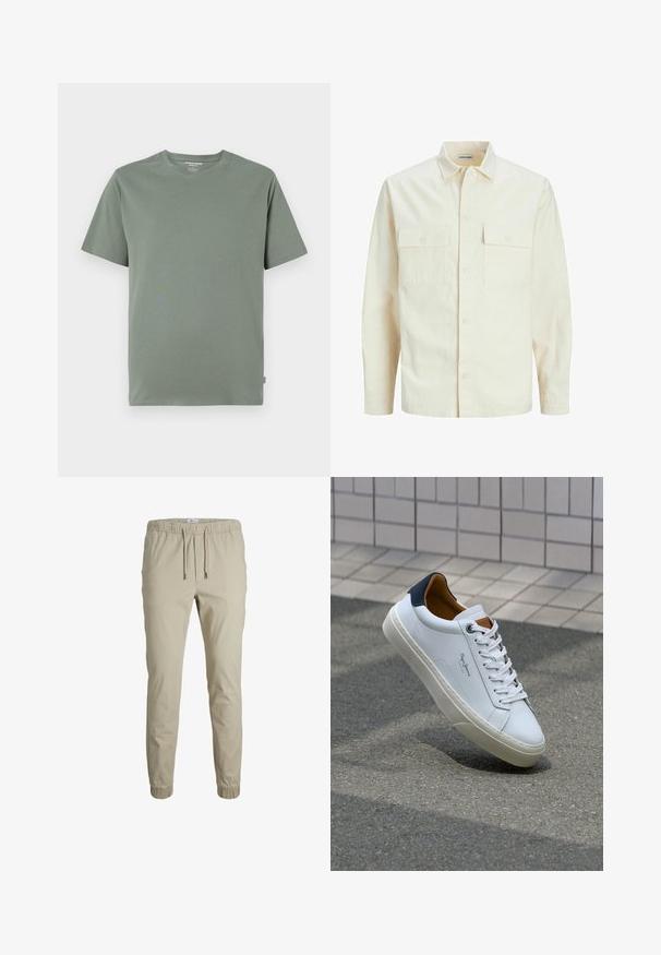 Jasno beżowa koszula z długim rękawem, z kołnierzykiem, dwoma kieszeniami z przodu, zapięciem na guziki i teksturowanym materiałem.; Koszulka z krótkim rękawem w jasnym zielonym kolorze, uszyta z miękkiego materiału, z okrągłym dekoltem i obszytymi brzegami, bez widocznych wzorów lub motywów.; Beżowe zwężane joggery z elastycznym pasem, sznurkiem do regulacji oraz ściągaczami na kostkach, wykonane z miękkiego materiału. Charakteryzują się gładką teksturą i minimalistycznym designem.; Białe skórzane trampki z granatowym piętkiem, okrągłym noskiem i kontrastowymi brązowymi akcentami. Posiadają płaskie sznurówki i teksturowaną gumową podeszwę.