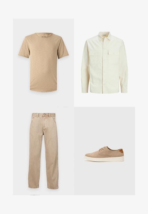 Világos bézs színű, hosszú ujjú ing, galléros nyakkal, két elülső zsebbel, gombos záródással és struktúrált anyaggal.; Bézs, rövid ujjú póló, puha anyagból készült. Kerek nyakkivágással és enyhén texturált felszínt jellemzi, ívelt aljjal.; Beige színű farmernadrág egyenes fazonnal, elülső zsebekkel, fém gombos záródással és diszkrét textúrával.; Beige velúr sportcipő, kerek orral, fűzős elülső résszel és textúrált hátsó részlettel. Fehér gumitalp kontrasztot ad. Egyszerű és modern design.