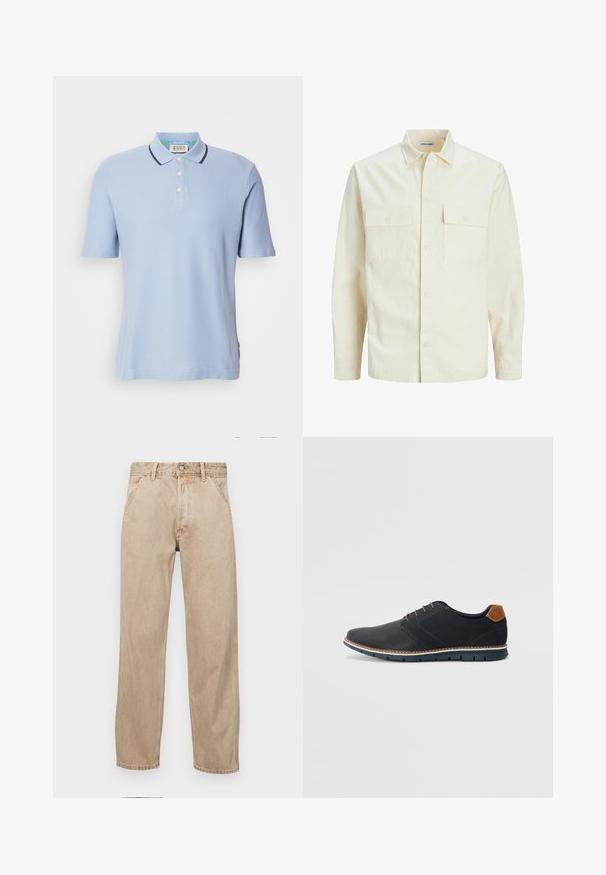 Világos bézs színű, hosszú ujjú ing, galléros nyakkal, két elülső zsebbel, gombos záródással és struktúrált anyaggal.; Világoskék póló ing bordás anyagból, két gombbal ellátott gallérral, rövid ujjal és sötétkék díszítéssel a galléron.; Beige színű farmernadrág egyenes fazonnal, elülső zsebekkel, fém gombos záródással és diszkrét textúrával.; Fekete szintetikus cipők, textúrált felsőrésszel, sima díszítésekkel, barna sarkával és kontrasztos talppal. Minimális fűzéssel és varrási részletekkel rendelkezik.