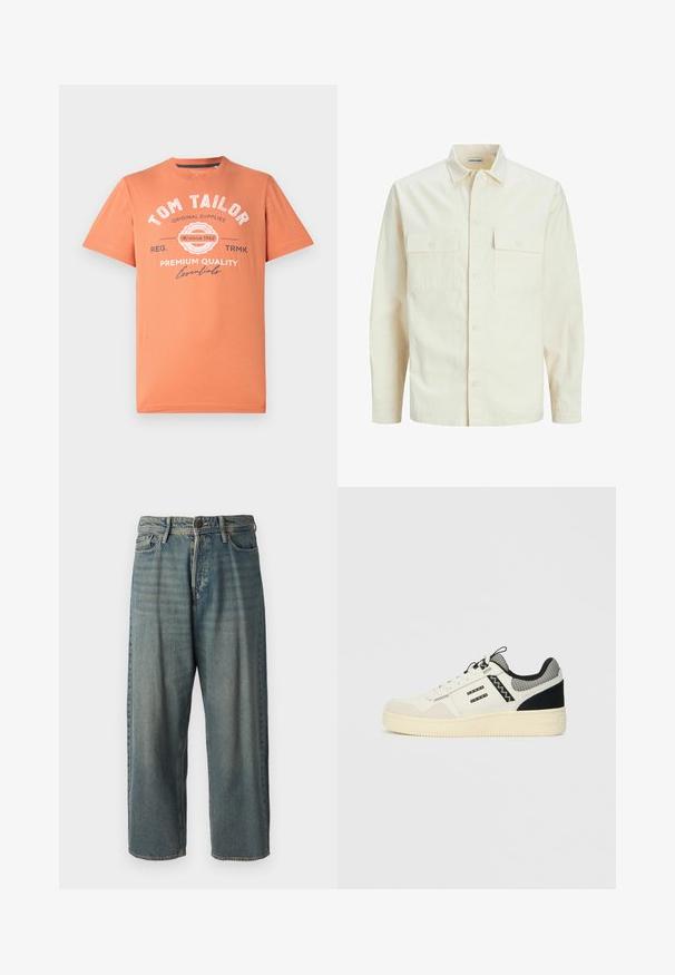 Gai bēšs garām piedurknēm krekls ar apkakles izgriezumu, divām priekšējām kabatām, pogu aizdari un teksturētu audumu.; Sak_SHORT-mēneša T-krekls koralloranžā krāsā ar apaļu kakla izgriezumu. Priekšpusē ar baltu grafisko tekstu un logotipa detaļām. Veidots no kokvilnas.; Gaiši zili džinsi ar brīvu piegriezumu, vidējo jostas augstumu un taisnām kājām. Satur piecas kabatas, jostas cilpas un pogu aizdari.; Baltās tenisbikses ar teksturētu zamšādu un ādas virspusi, melniem akcentiem, acs apkakli, auklu dizainu un biezu gumijas zoli.