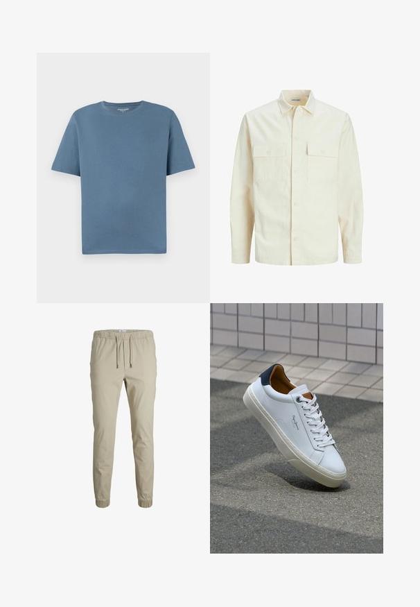 Lichtbeige langemouwen shirt met een kraaghalslijn, twee voorzakken, knoopsluiting en een gestructureerde stof.; Rondhals T-shirt met korte mouwen in zachtblauwe katoen. Heeft een relaxte pasvorm en gestikte zoomdetails. Geen patronen of extra accenten.; Beige taperende joggingsbroeken met een elastische tailleband, trekkoord en enkelmanchetten, gemaakt van zacht materiaal. Heeft een gladde textuur en een minimalistisch ontwerp.; Witte leren sneaker met een marineblauwe hiel, ronde neus en contrasterende bruin accent. Beschikt over platte veters en een gestructureerde rubberen zool.