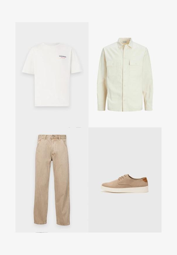 Gai bēšs garām piedurknēm krekls ar apkakles izgriezumu, divām priekšējām kabatām, pogu aizdari un teksturētu audumu.; Balta kokvilnas T-kreklu ar īsām piedurknēm un apaļu kakla izgriezumu. Krekls ar vārdu "SARDINHAS" jūras zilā un rozā krāsā kreisajā krūtīs.; Beige džinsi ar taisnu kāju dizainu, ar priekšējiem kabatām, metāla pogu aizdari un smalku faktūru.; Beige zamšādas kedas ar noapaļotu purngala daļu, auklēm saplacinātu priekšpusi un teksturētu aizmugures akcentu. Balta gumijas zole nodrošina kontrastu. Vienkāršs un mūsdienīgs dizains.