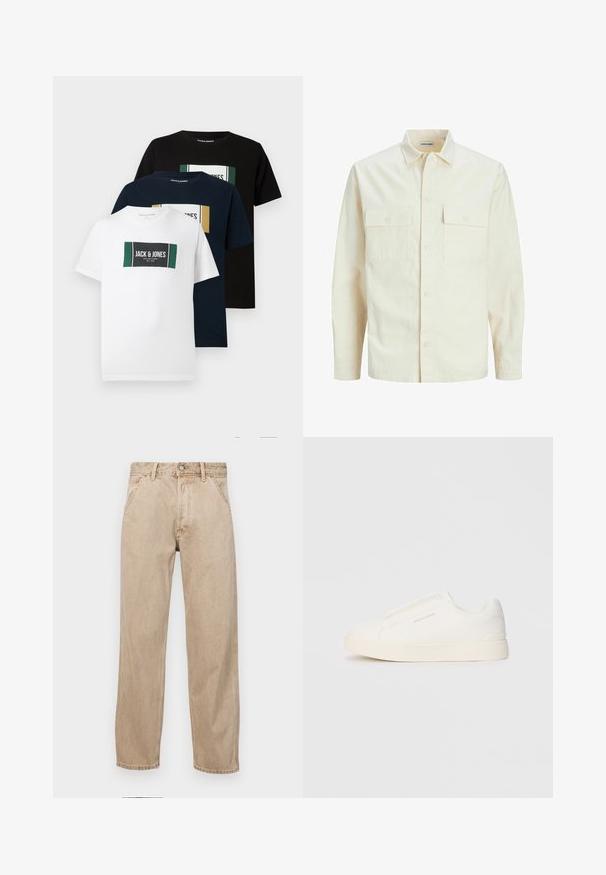 Světle béžová košile s dlouhým rukávem, límečkem, dvěma předními kapsami, zapínáním na knoflíky a strukturovanou tkaninou.; Tři trička: bílé, námořnické a černé. Každé z nich má obdélníkovou grafiku s brandingem "Jack & Jones" a barevnými akcenty. Bavlněný materiál.; Béžové džíny z denimu se středně širokým střihem, vybavené předními kapsami, kovovým zapínáním na knoflík a jemnou texturou.; Bílé slip-on tenisky s texturovaným povrchem, silnou podešví a minimalistickým designem. Na boku je umístěno logo značky.
