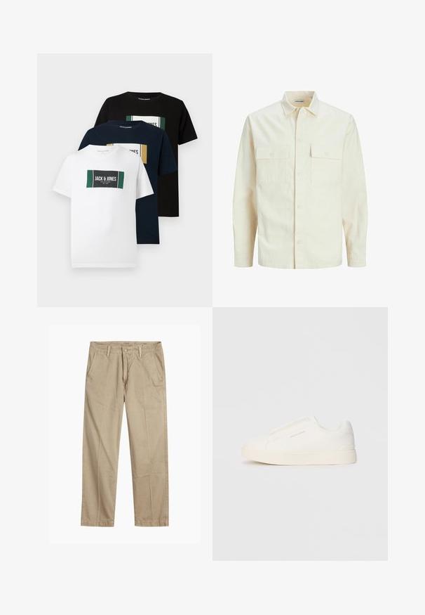 Svijetlo bež košulja dugih rukava s ovratnikom, dva prednja džepa, zatvaranje na dugmad i teksturirani materijal.; Tri majice: bijela, mornarska i crna. Svaka ima pravokutni grafički natpis s "Jack & Jones" brendingom i naglascima u boji. Pamuk.; Bež chinos hlače ravnog kroja s petljama za remen, prednjim gumbom i zatvaranjem nazip, te kosi prednjim džepovima.; Bijele slip-on tenisice s teksturiranom površinom, debelim đonom i minimalističkim dizajnom. Sadrže logo branda sa strane.
