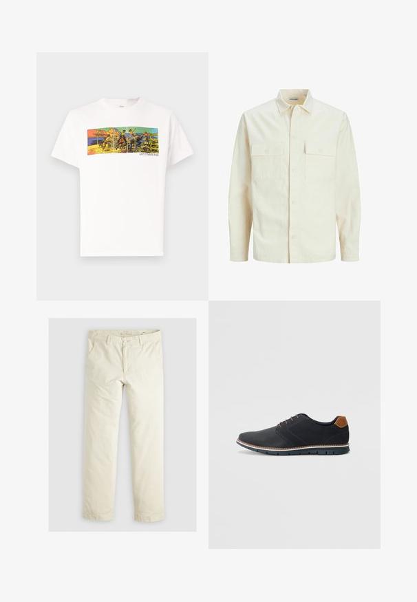 Vaaleanbeige pitkähihaisen paidan, jossa on kaulukset, kaksi etutaskua, nappikiinnitys ja tekstiilissä on tekstuuria.; Valkoinen puuvillapaita, jossa on värikäs graafinen printti, joka esittää lännen teemaa ja jossa alareunassa lukea "LEVI STRAUSS & CO."; Vaaleanbeige löysäntuftiset housut, joissa on kolme taskua, vyölenkit ja suora lahje. Valmistettu pehmeästä puuvillasekoitekankaasta.; Mustat synteettiset kengät, joissa on teksturoitu päällinen, sileät yksityiskohdat, ruskea kanta ja erottuva pohja. Ominaisuuksina minimaalinen nauhoitus ja ompeluyksityiskohdat.