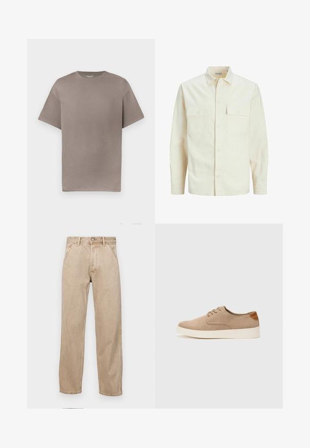 Vaaleanbeige pitkähihaisen paidan, jossa on kaulukset, kaksi etutaskua, nappikiinnitys ja tekstiilissä on tekstuuria.; Vapaat, löysät lyhythihaiset crewneck T-paidat hillityssä taupe-värissä esillä valkoista taustaa vasten.; Beige farkkuhousut suoranlahkeisella muotoilulla, joissa on etutaskut, metallinen nappisulku ja hillitty rakenne.; Beige nubuck-lenkkarit, joissa on pyöreä kärki, nauhakiinnitys ja teksturoitu takaosa. Valkoinen kumipohja tuo kontrastia. Yksinkertainen ja moderni muotoilu.