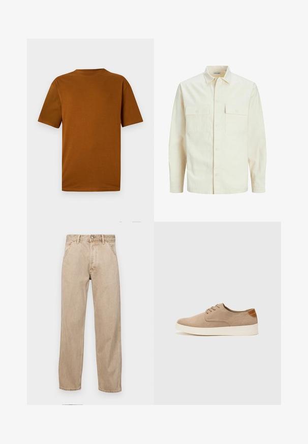Svetlo bež srajca z dolgimi rokavi, ovratnim izrezom, dvema sprednjima žepoma, zapenjanjem na gumbe in teksturirano tkanino.; Majica s kratkimi rokavi v barvi opečnato oranžne iz bombaža. Ima okroglo ovratnico, sproščen kroj in gladko teksturo brez vzorcev ali okrasitev.; Beige jeans iz džinsa s ravnim nogavicama, ki imajo sprednje žepe, kovinsko zapiranje in subtilno teksturo.; Bež tkanine usnjene superge z zaobljenim nosom, vezalkami na sprednji strani in teksturiranim zadnjim detajlom. Belo gumijasto podplato zagotavlja kontrast. Enostaven in sodoben dizajn.
