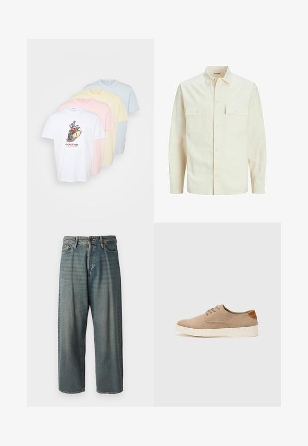 Svijetlo bež košulja dugih rukava s ovratnikom, dva prednja džepa, zatvaranje na dugmad i teksturirani materijal.; Pak od četiri pamučna majice u bijeloj, ružičastoj, žutoj i svijetloplavoj boji. Sadrži grafički otisak na bijeloj majici. Klasični dizajn s okruglim izrezom.; Svijetloplave traperice s širokim krojem, srednjim pojasom i ravnim nogavicama. Ima pet džepova, petlje za remen i kopčanje na gumb.; Bež nubuk tenisice s okruglim vrhom, vezanjem sprijeda i teksturiranim stražnjim naglaskom. Bijela gumena potpetica pruža kontrast. Jednostavan i moderan dizajn.
