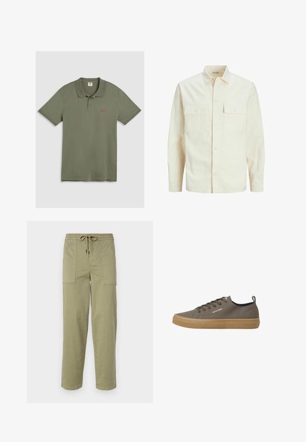 Lys beige langærmet skjorte med krave, to forlommer, knaplukning og et tekstureret stof.; Olivenfarvet polo skjorte lavet af bomuld, med klassisk krave, tre-knappes lukning, korte ærmer, og et lille rødt logo på brystet.; Lys olivengrønne bukser lavet af en bomuldsblanding, med elastisk talje med snor og to store sidelommer.; Olivenfarvede kanvas sneakers med beige gummisål, rund tå, snøre foran og et lille logo på siden. Lavprofil design med hælflig.