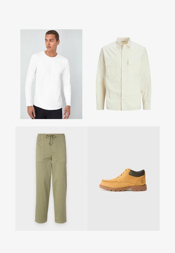 Kergedbež pika-särk pikkade varrukatega, krae ja kahe eespool asuva taskuga, nööpidega kinnitamine ja reljeefne materjal.; Valge pikkade varrukatega särk ümarate kaelustega, valmistatud siledast puuvillast kangast, kantud mudeli poolt heledal taustal.; Kerged oliivrohelised püksid, mis on valmistatud puuvilla segakangast, elastse vöökoha ja nööriga, ning kahel suurel küljeosal.; Kollane nahast king, millel on pruun kummitald, ümar varvas ja roheline nahast pahkluuri detail. Omab kuldseid silmuseid ja õmblusaktsente.