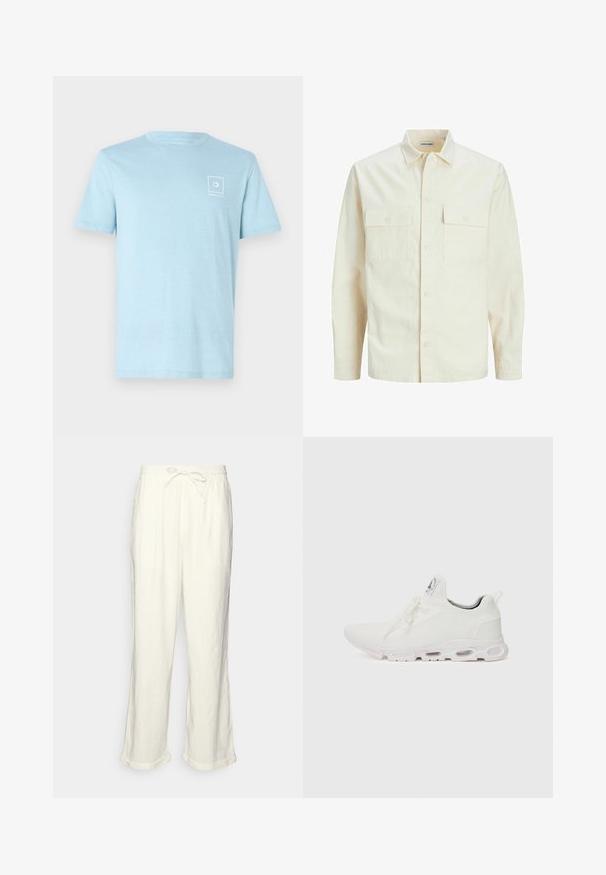 Světle béžová košile s dlouhým rukávem, límečkem, dvěma předními kapsami, zapínáním na knoflíky a strukturovanou tkaninou.; Světle modré bavlněné tričko s kulatým výstřihem a krátkými rukávy, s malým bílým logem v levém horním rohu. Minimalistický design.; Lněné kalhoty v odstínu slonové kosti s páskem na stažení, mírně širokými nohavicemi a ohrnutými lemy pro uvolněný fit. Bez kapes.; Bílé sportovní boty s texturovaným pleteným svrškem, plochými tkaničkami a polstrovanou podešví s viditelnými vzduchovými komorami pro zvýšenou podporu.