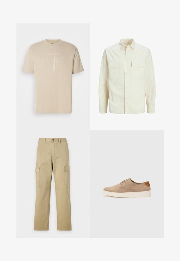 Gai bēšs garām piedurknēm krekls ar apkakles izgriezumu, divām priekšējām kabatām, pogu aizdari un teksturētu audumu.; Bēšas kokvilnas T-krekls ar īsām piedurknēm, ar bākas grafiku un tekstu "MAKIA ESTD 2001 TTRS" gaišākā nokrāsā.; Beige kravas bikses no kokvilnas, kas aprīkotas ar divām sānu kabatām, pogu aizdari un taisnām kājām ar nedaudz teksturētu audumu.; Beige zamšādas kedas ar noapaļotu purngala daļu, auklēm saplacinātu priekšpusi un teksturētu aizmugures akcentu. Balta gumijas zole nodrošina kontrastu. Vienkāršs un mūsdienīgs dizains.