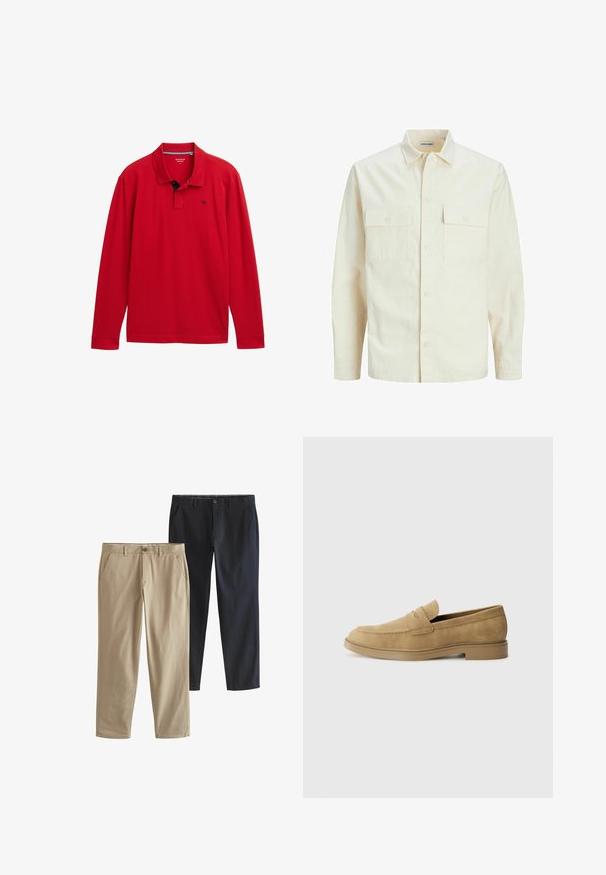 Camisa de manga larga color beige claro con cuello, dos bolsillos frontales, cierre de botones y una tela texturizada.; Polo rojo de manga larga con cuello, que presenta un acento en azul marino y un pequeño logo en el pecho. Fabricado con material de algodón suave.; Dos pantalones rectos: uno beige y otro azul marino. Ambos cuentan con bolsillos laterales y cierre de botón. Tela de algodón suave.; Mocasines de ante en tono marrón claro con punta redondeada, tacón bajo y detalles de costura en la parte superior. Textura suave y diseño minimalista.