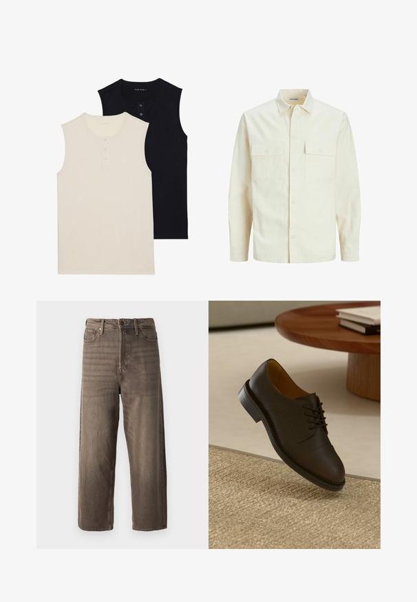 Svetlo béžová košeľa s dlhým rukávom, s golierom, dvoma prednými vreckami, zapínaním na gombíky a textúrovanou látkou.; Dve bezrukávové bavlnené topy: jeden béžový s gombíkovou légou a jeden jednofarebný čierny. Oba majú okrúhly výstrih a priliehavý strih.; Hnedé široké džínsy vyrobené z denimu. Obsahujú zips, pútka na opasok a päť vreciek. Materiál vykazuje vyblednutý, textúrovaný vzhľad.; Hnedé kožené formálne topánky s textúrovaným zvrškom, viazaním, kontrastným prešívaním a odolnou gumovou podrážkou, vznášajúce sa nad tkaným kobercom.
