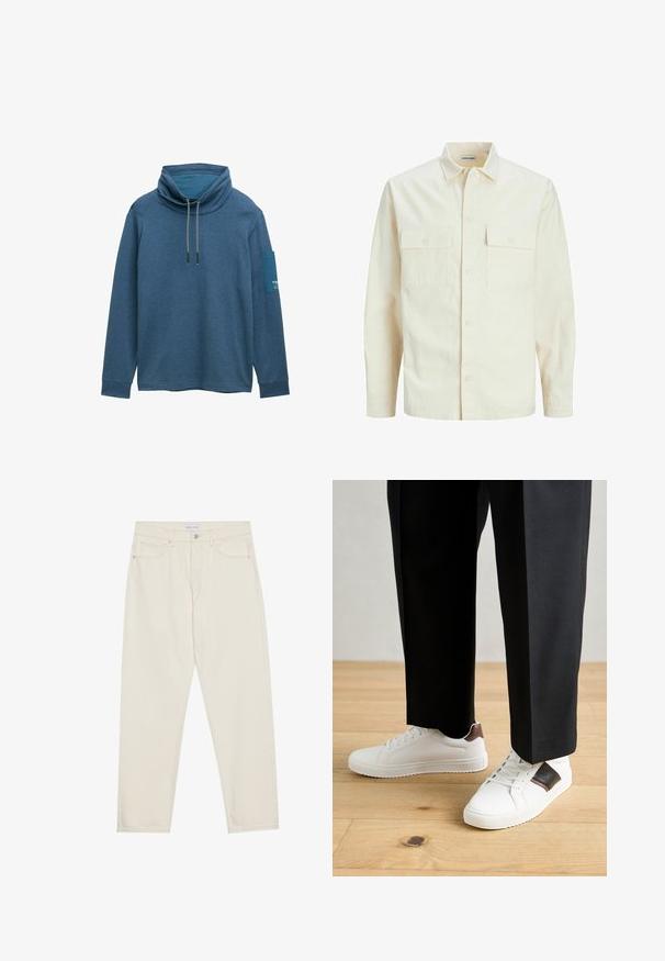 Gai bēšs garām piedurknēm krekls ar apkakles izgriezumu, divām priekšējām kabatām, pogu aizdari un teksturētu audumu.; Zils, garām piedurknēm vilkšanas krekls ar augstu apkakli, aukliņu detaļu un kontrastējošu plāksteri uz kreisās piedurknes. Mīksts, teksturēts audums.; Bēša denima džinsi ar taisnu kāju griezumu, pieci kabatas, pogu aizdare un smalki izšuvumi. Gluda tekstūra.; Baltā pārsoļa apavi ar gludu tekstūru, papildināti ar brūniem ādas akcentiem un melniem elementiem, savienoti ar melnām pielāgotām biksēm. Koka grīdas fons.