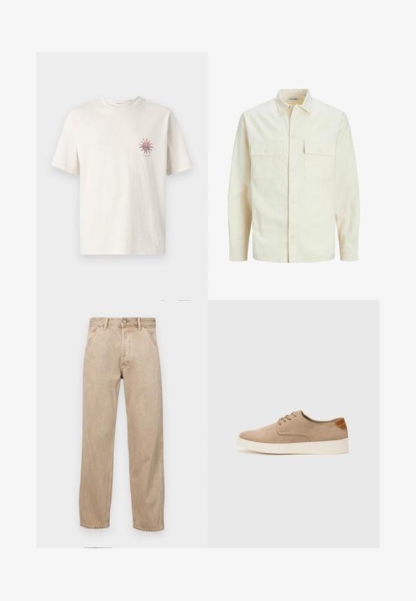 Chemise longue à manches longues beige clair avec un col, deux poches frontales, fermeture à boutons et un tissu texturé.; T-shirt en coton de couleur crème avec des manches courtes, arborant un petit graphique d'un soleil rouge sur la zone gauche de la poitrine. Design classique à col rond.; Jeans en denim beige avec une coupe droite, dotés de poches avant, d'une fermeture à bouton en métal et d'une texture subtile.; Baskets en daim beige avec un embout arrondi, un laçage sur le devant et un accent texturé à l'arrière. La semelle en caoutchouc blanche offre un contraste. Design simple et moderne.